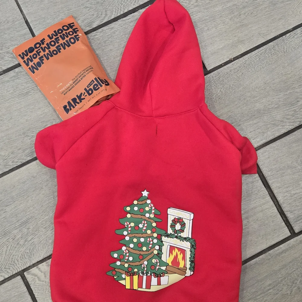 Red Dog Hoodie with Christmas Tree Design